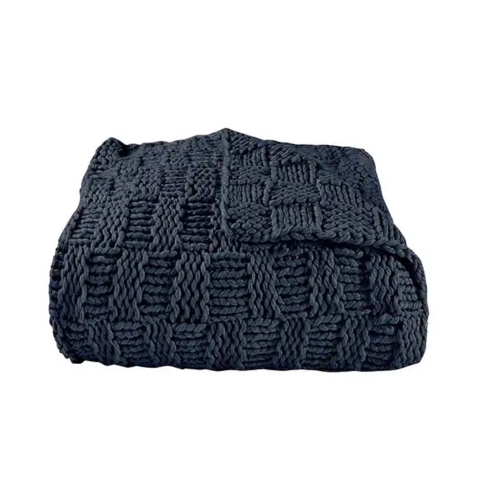 HiEnd ACCENTS Navy Blue Chess Knit Throw Blanket Wool Blend 50x60 Soft luxury